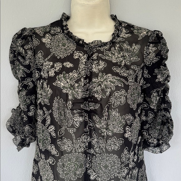Veronica Beard Natuka black green sheer floral print ruffle trim blouse size 4 - Picture 3 of 16